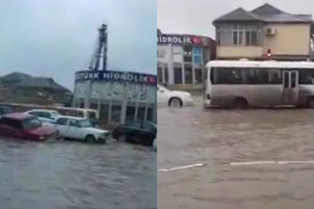 Yağış Bakı küçələrində böyük gölməçələr yaratdı (VİDEO)