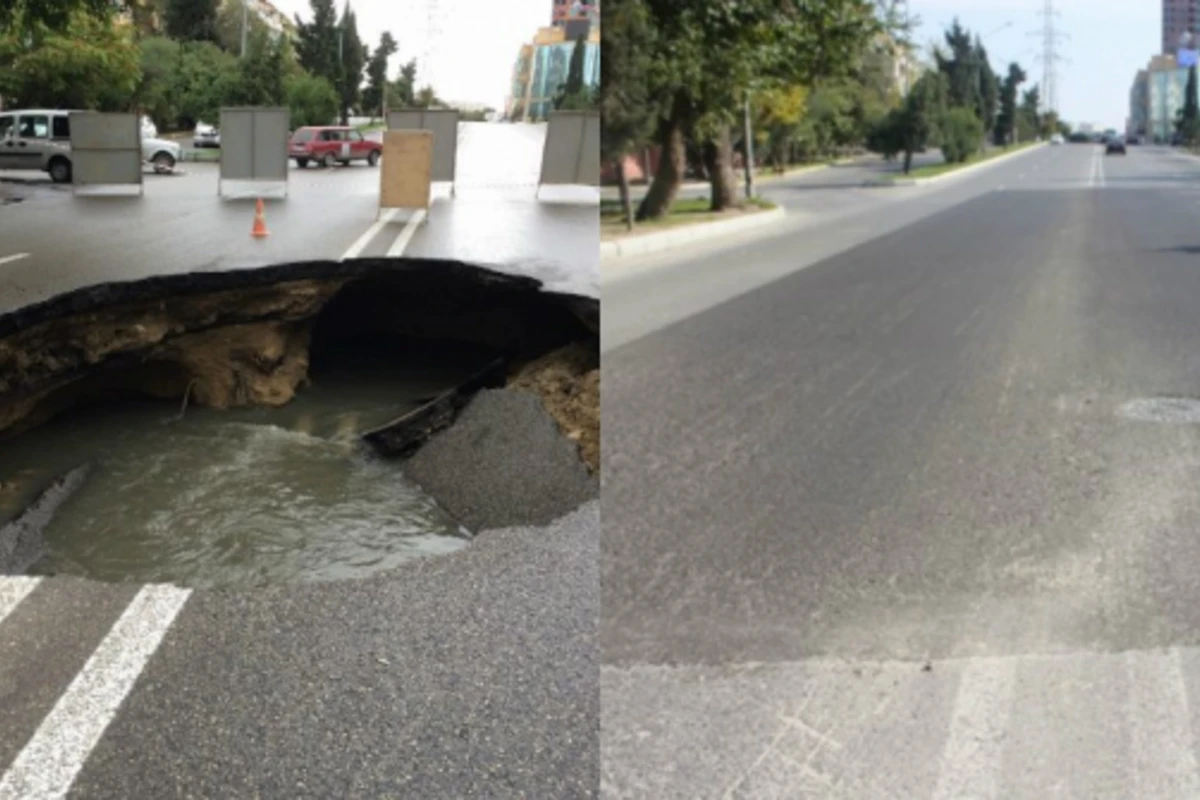 Bakıda iri dəlik açılan yol bərpa olunub (FOTO)