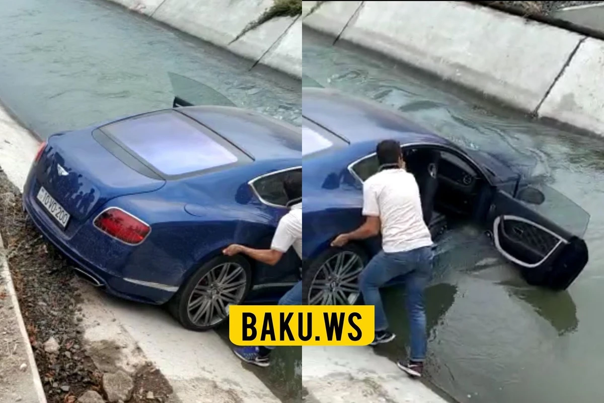 Azərbaycanda Bentley Continental su kanalına düşdü - VİDEO