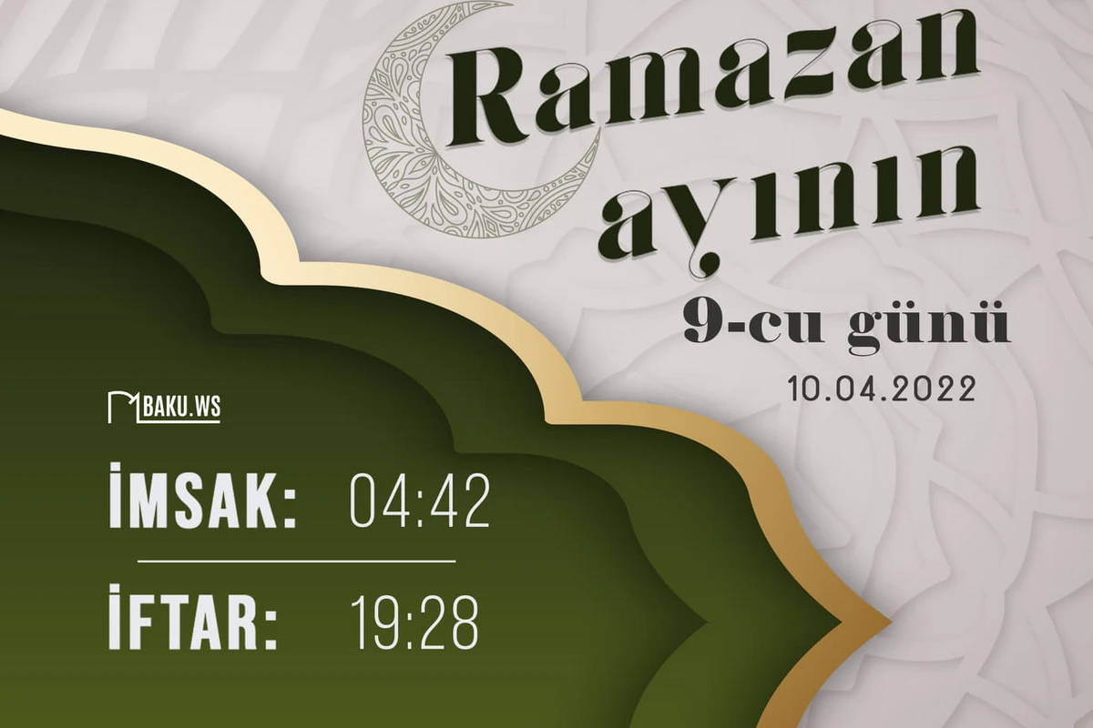 Ramazan ayının doqquzuncu gününün imsak və namaz vaxtları