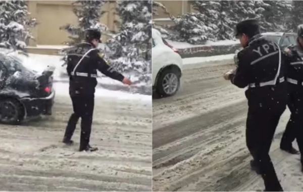 Polislər Bakı-Sumqayıt yolunu duzladı, maşınları itələdi (VİDEO)