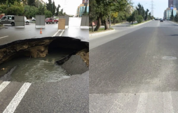 Bakıda iri dəlik açılan yol bərpa olunub (FOTO)