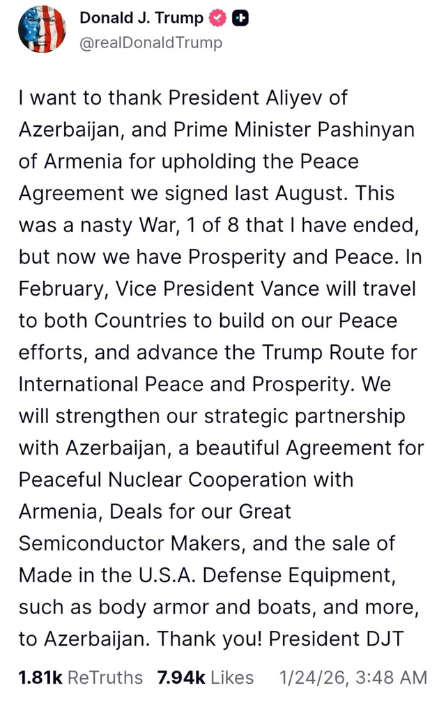 Donald Tramp İlham Əliyevə təşəkkür edib