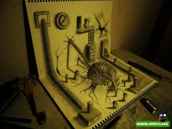 3D рисунки на листах бумаги