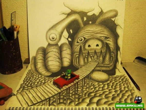 3D рисунки на листах бумаги