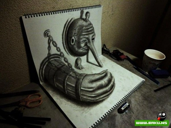 3D рисунки на листах бумаги