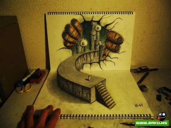 3D рисунки на листах бумаги