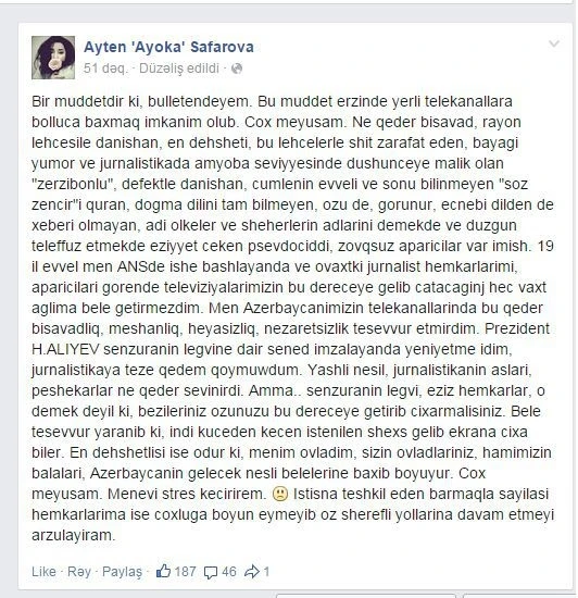 Ведущая Айтен Сафарова осудила своих коллег