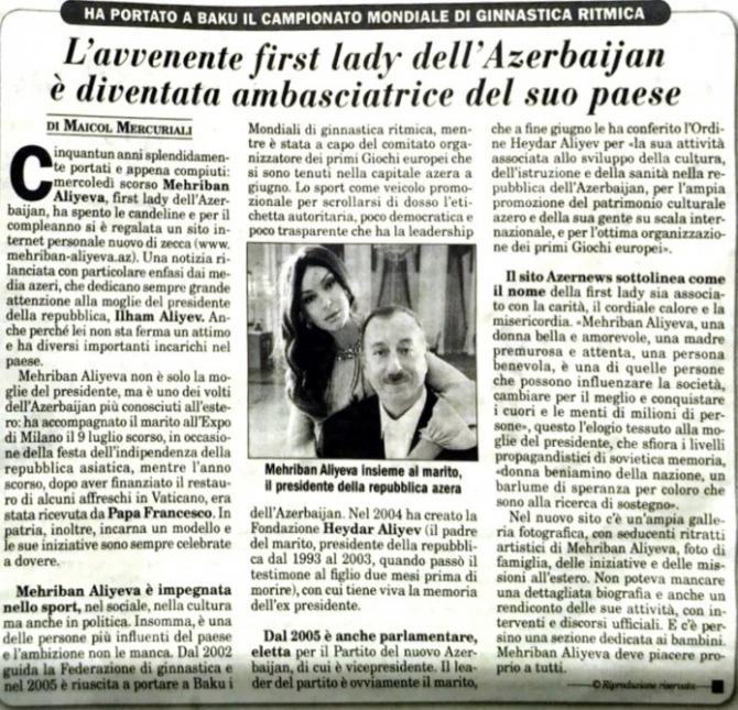 Газета «Italia Oggi»: Первая леди Азербайджана – одно из наиболее известных лиц своей страны