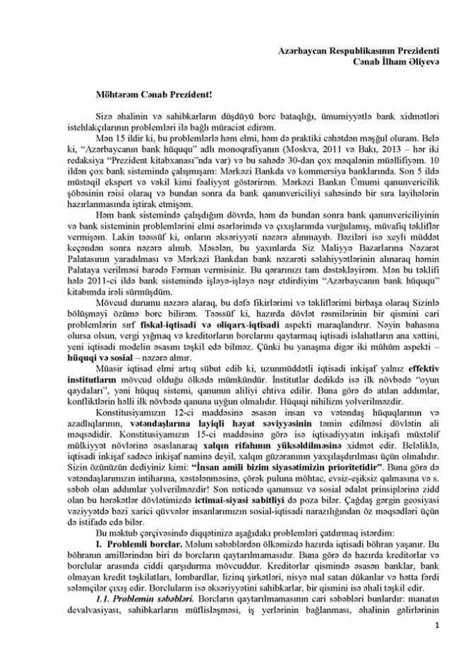 Əhalinin dollar krediti ilə bağlı prezidentə məktubu (FOTO)
