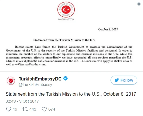 Турция прекратила выдачу виз гражданам США