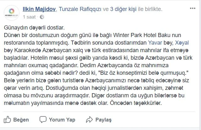 Необычный запрет в отеле Winter Park Hotel Baku - Нельзя исполнять азербайджанские песни!