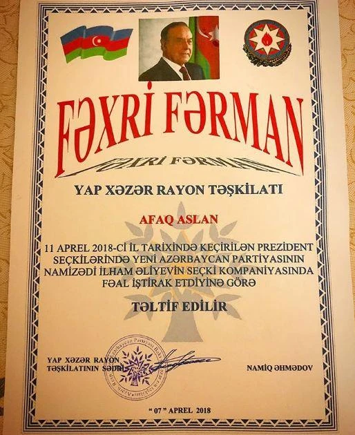 YAP Afaq Aslana diplom verən şəxsi cəzalandırdı - FOTO