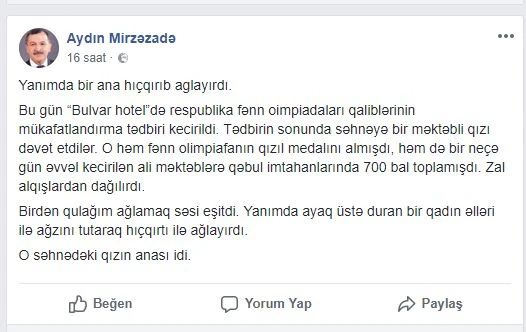 Deputatdan 700 bal toplayan abituriyentlə bağlı paylaşım: 