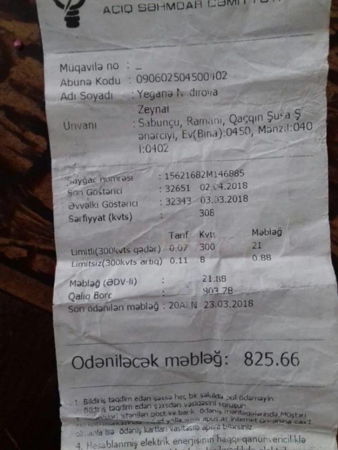 Bakıda bir nəfərin işığa 825 manat borcu yığılıb - “WhatsApp”da kampaniya başladı FOTO