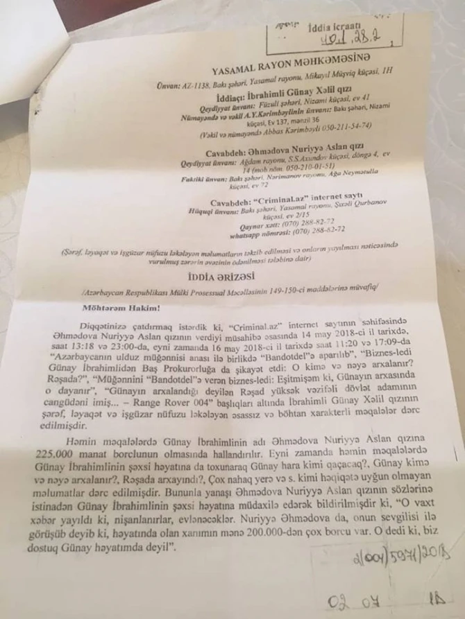 Günay İbrahimli tanınmış jurnalisti məhkəməyə verdi: 100 min manat təzminat davası! - FOTO Günay İbrahimli tanınmış jurnalisti məhkəməyə verdi: 100 min manat təzminat davası! - FOTO