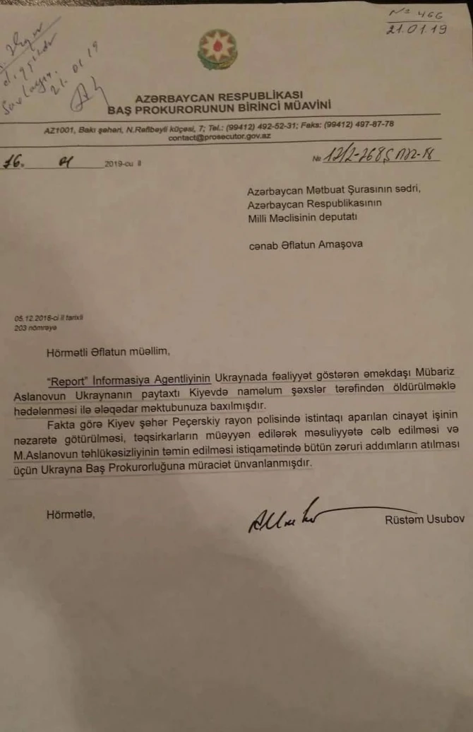Azərbaycan Baş prokuroru Ukrayna Baş prokuroruna jurnalistin hədələnməsi ilə bağlı müraciət edib