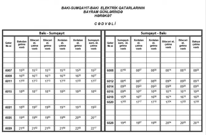 Bakı-Sumqayıt elektrik qatarları bayram günlərində belə işləyəcək - HƏRƏKƏT CƏDVƏLİ