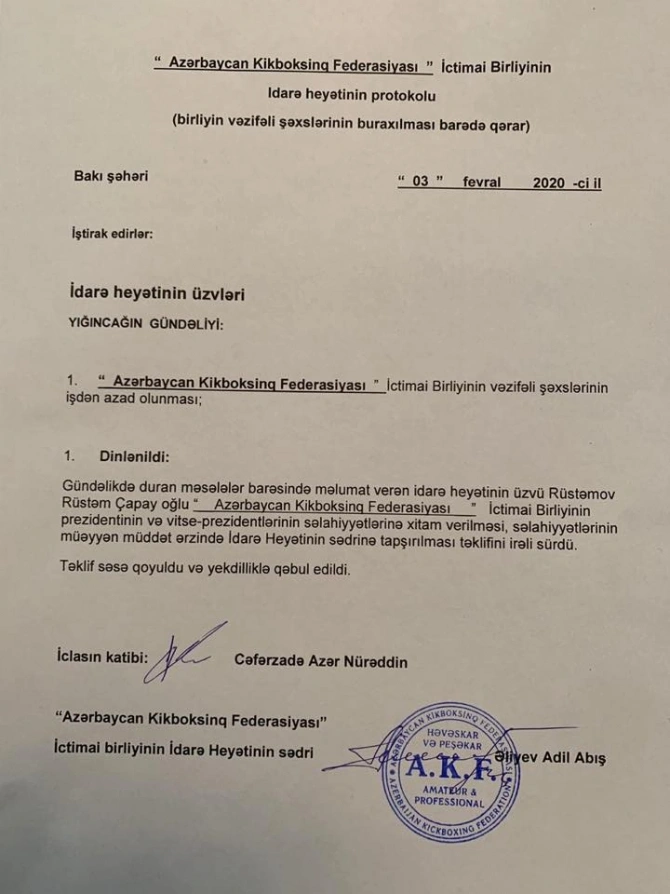 Azərbaycan Kikboksinq Federasiyasının rəhbərliyi istefaya göndərilib - FOTO