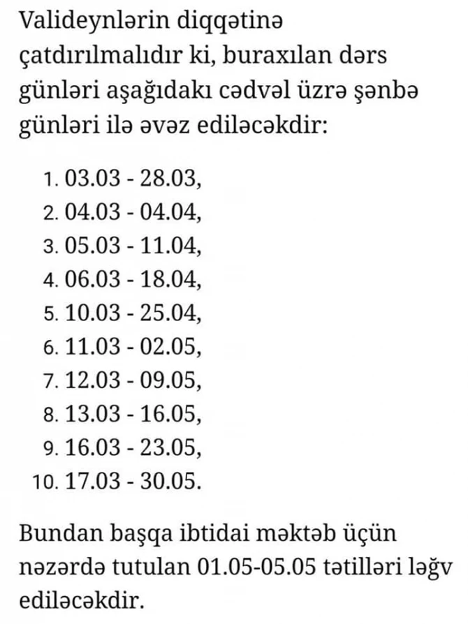 Buraxılmış dərs günlərinin şənbə günləri ilə əvəz ediləcəyi xəbərlərinə RƏSMİ CAVAB