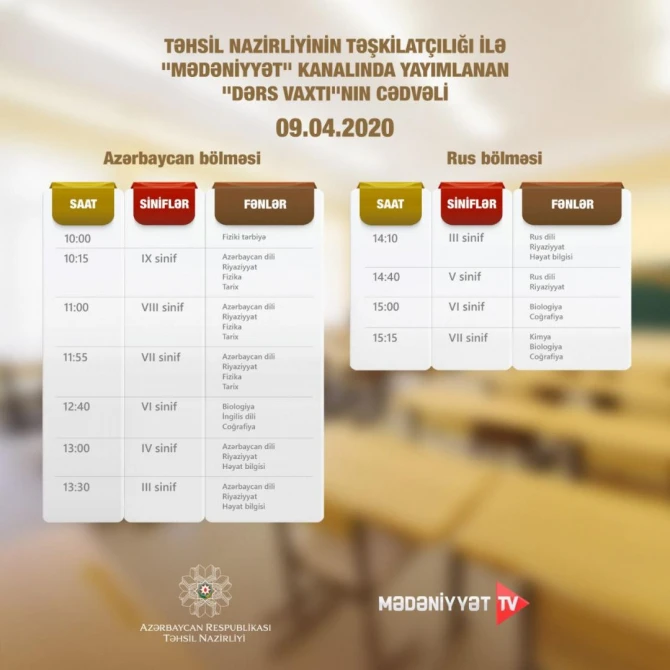 В Азербайджане обнародовано расписание телеуроков на 9 апреля - ФОТО