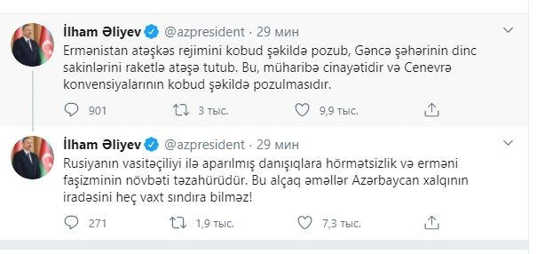 İlham Əliyev erməni silahlı qüvvələrinin Gəncəni atəşə tutması ilə bağlı paylaşımlar edib