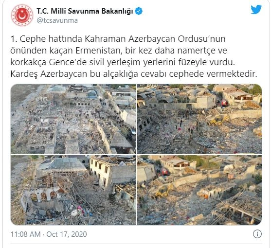 Türkiyə MN: “Azərbaycan ordusunun qarşısından qaçan Ermənistan namərdcəsinə mülki yaşayış yerlərini vurdu”