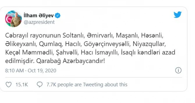 İlham Əliyev: “Daha 13 kənd işğaldan azad edildi”
