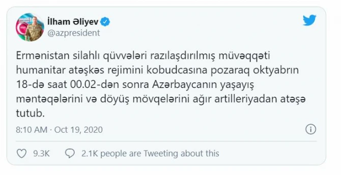 İlham Əliyev: Ermənistan silahlı qüvvələri razılaşdırılmış müvəqqəti humanitar atəşkəs rejimini kobudcasına pozub