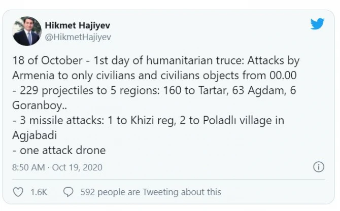 Hikmət Hacıyev: “Humanitar atəşkəsin ilk saatından Ermənistan mülki şəxslərə hücum etdi”