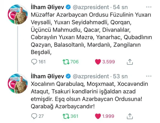 Füzulinin 6, Cəbrayılın 2, Qubadlının 3, Zəngilanın 1 kəndi işğaldan azad olunub