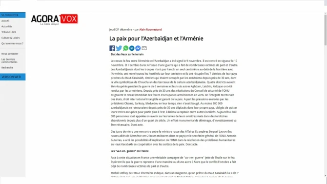 Fransanın “Agoravox” portalında “Azərbaycan və Ermənistan üçün sülh” adlı məqalə dərc olunub