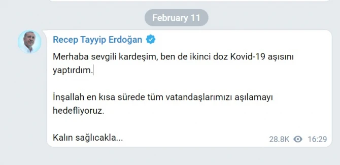 Ərdoğan “CoronaVac”ın ikinci dozası ilə peyvənd olunub
