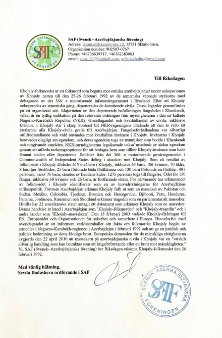 Soydaşlarımız Xocalıya görə Riksdağa məktub ünvanladılar - FOTO