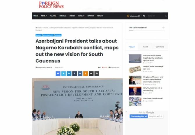 “Foreign Policy News” nəşri Azərbaycan Prezidentinin Cənubi Qafqazın gələcəyinə dair fikirlərini işıqlandırıb
