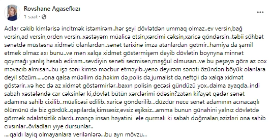Rövşanə dövlətdən yardım istəyən sənət adamlarını tənqid etdi - FOTO