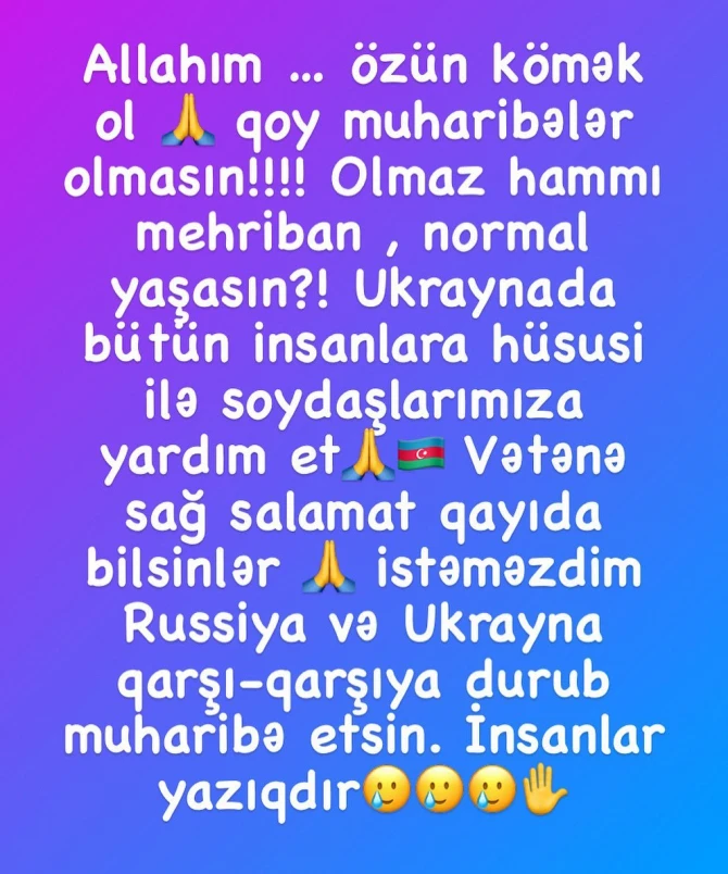 Azərbaycanlı aparıcı Ukraynadakı müharibədən yazdı: 