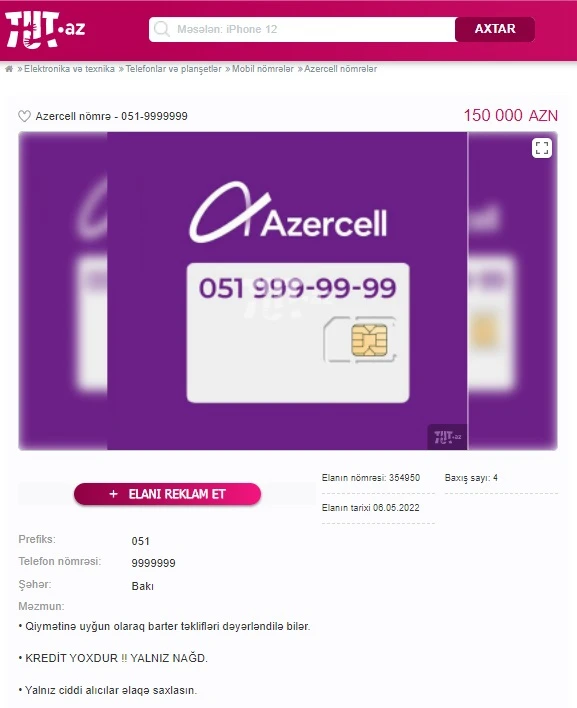 Bakıda ŞOK qiymətə mobil nömrə satılır - 150 min AZN - FOTO