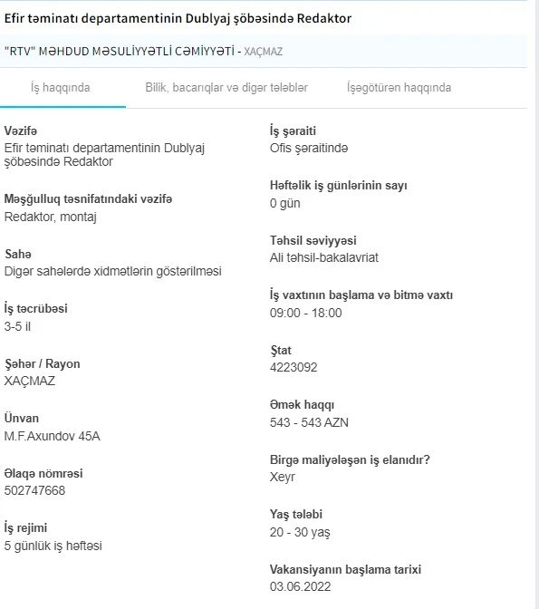 İşsizlərin NƏZƏRİNƏ! Dövlət boş iş yerlərini açıqladı - 1800 AZN maaş