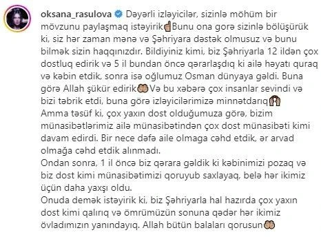 Oksanadan ŞOK AÇIQLAMA: “Şəhriyarla boşanmışıq” - FOTO