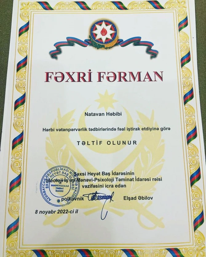 Müdafiə Nazirliyi Natavan Həbibini TƏLTİF ETDİ - FOTO