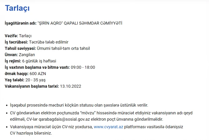 Qarabağda işləmək istəyənlərin NƏZƏRİNƏ! - VAKANSİYALAR VƏ MAAŞLAR