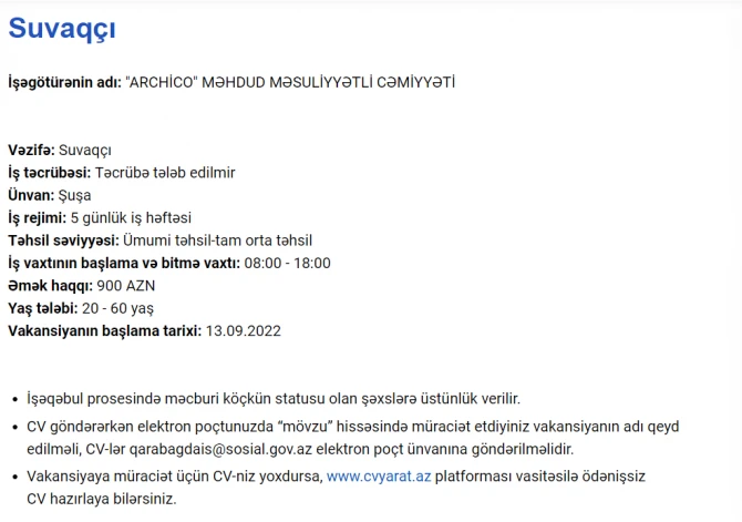 Qarabağda işləmək istəyənlərin NƏZƏRİNƏ! - VAKANSİYALAR VƏ MAAŞLAR
