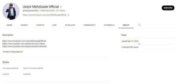Канал азербайджанского певца на YouTube превысил отметку в 1 млрд просмотров - ФОТО