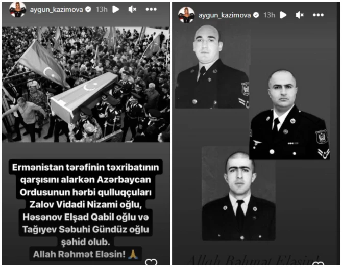 Aygün Kazımovadan şəhid olan hərbçilərimizlə bağlı paylaşım - FOTO