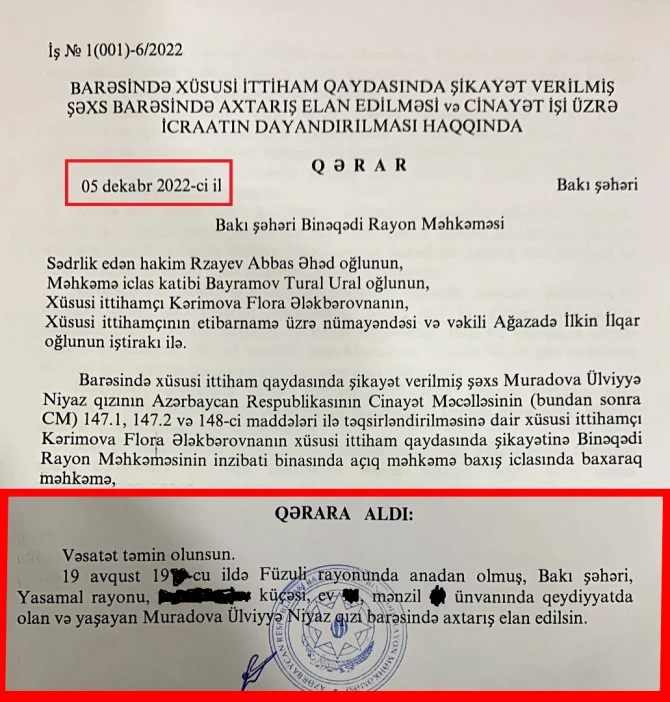 Ülviyyə Alovlu 5 aydır axtarışda imiş - Qərar və bildirişin FOTOsu