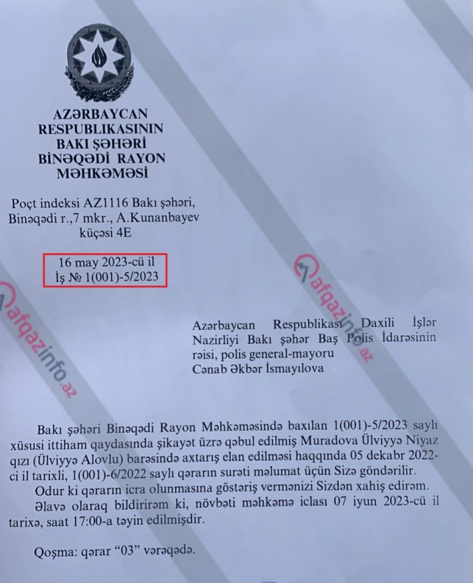 Ülviyyə Alovlu 5 aydır axtarışda imiş - Qərar və bildirişin FOTOsu