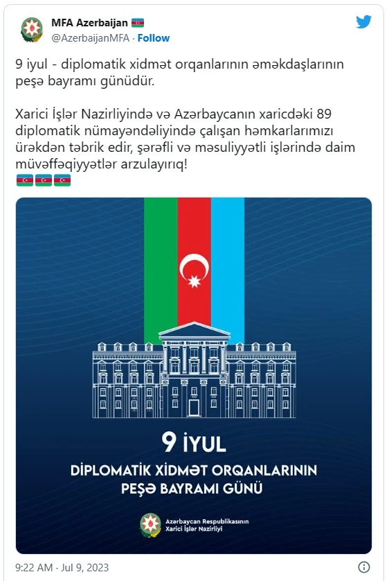 XİN-dən diplomatik xidmət orqanları əməkdaşlarının peşə bayramı günü təbriki - FOTO