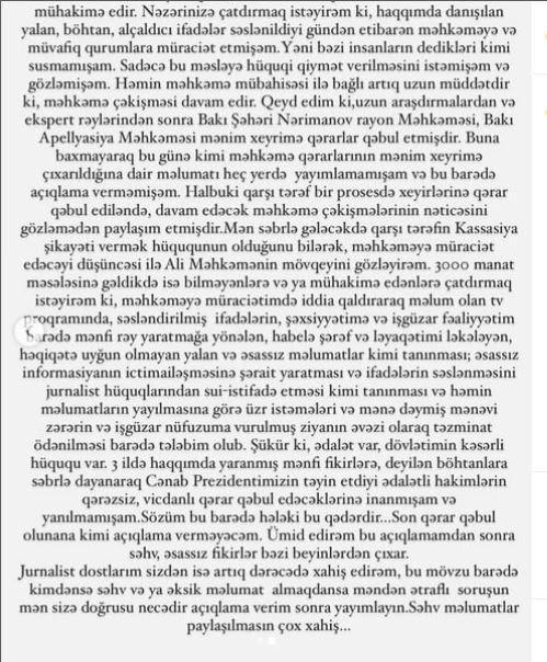 Ayseldən Xoşqədəm Hidayətqızına: “3 il şər-böhtan qarşısında səbrlə dayanmışam” - FOTO