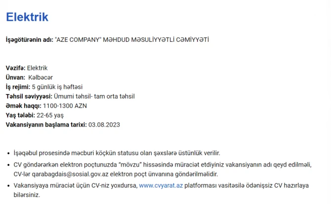 Qarabağda işləmək istəyənlərin NƏZƏRİNƏ! - Maaş 2300 AZN-dək